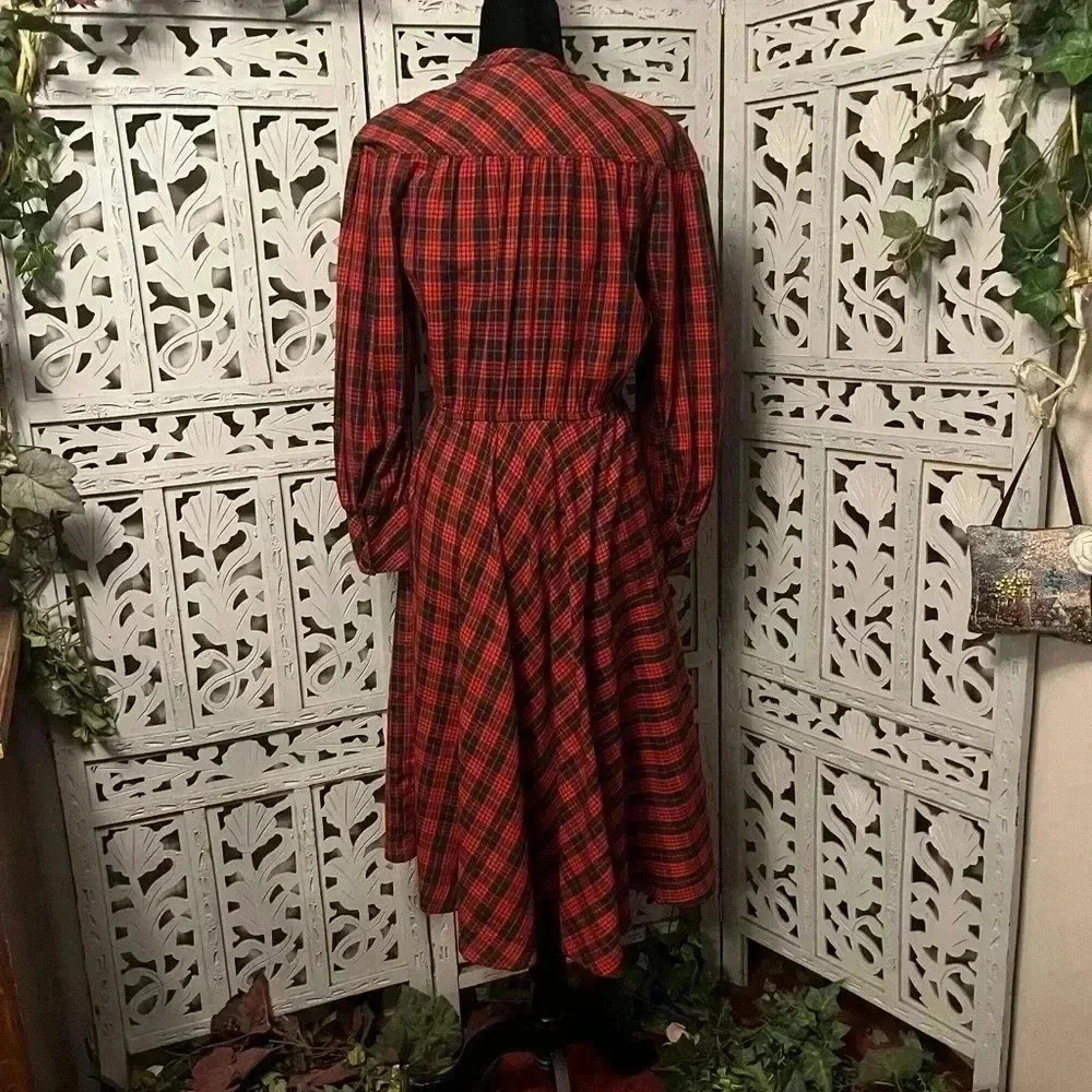 VINTAGE LESLIE FAY EXTRAORDINARY RED PLAID FIT FLARE LONG SLEEVE MIDI DRESS L - Picture 6 of 13